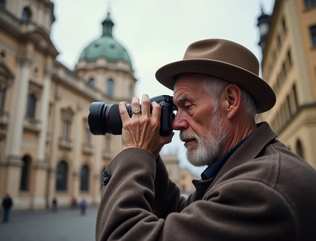 Elderly man in vintage hat photographing baroque cathedral facade