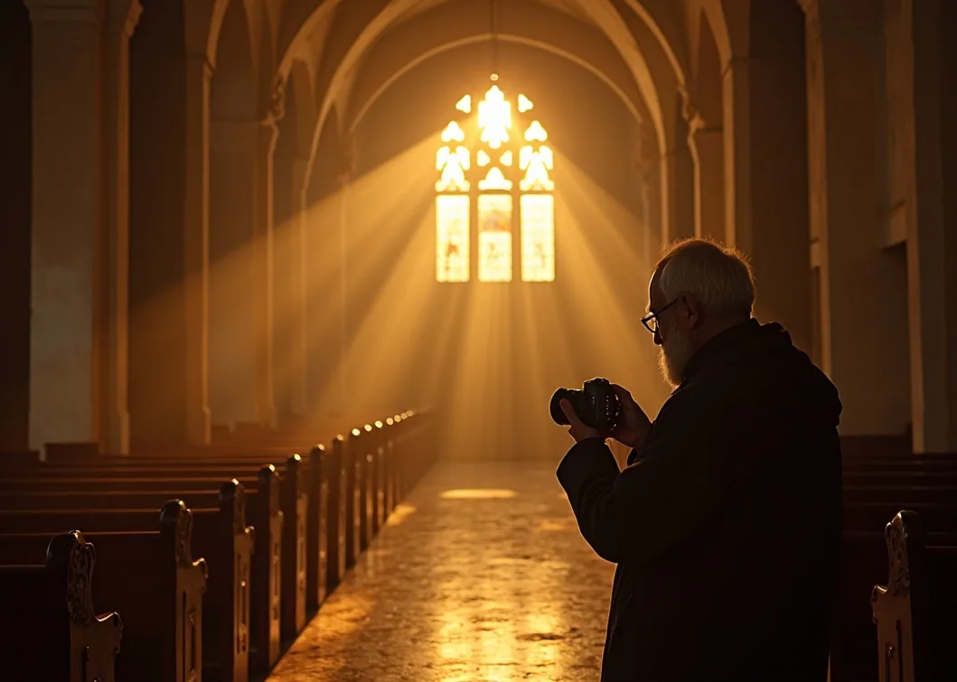 Elderly photographer inside an orthodox church with golden light