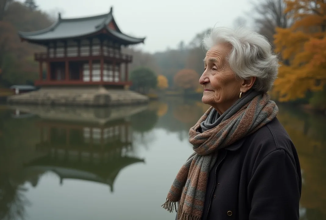 Elderly woman capturing reflections in monastery pond