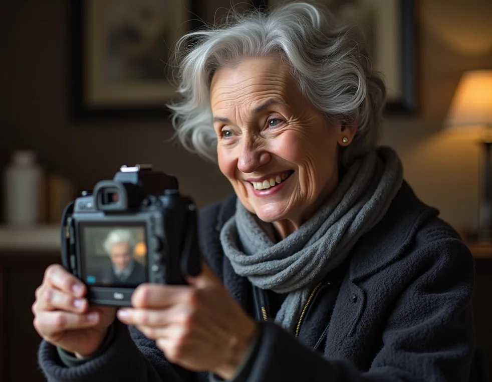 Elderly woman smiling while reviewing photos on camera screen near abbey