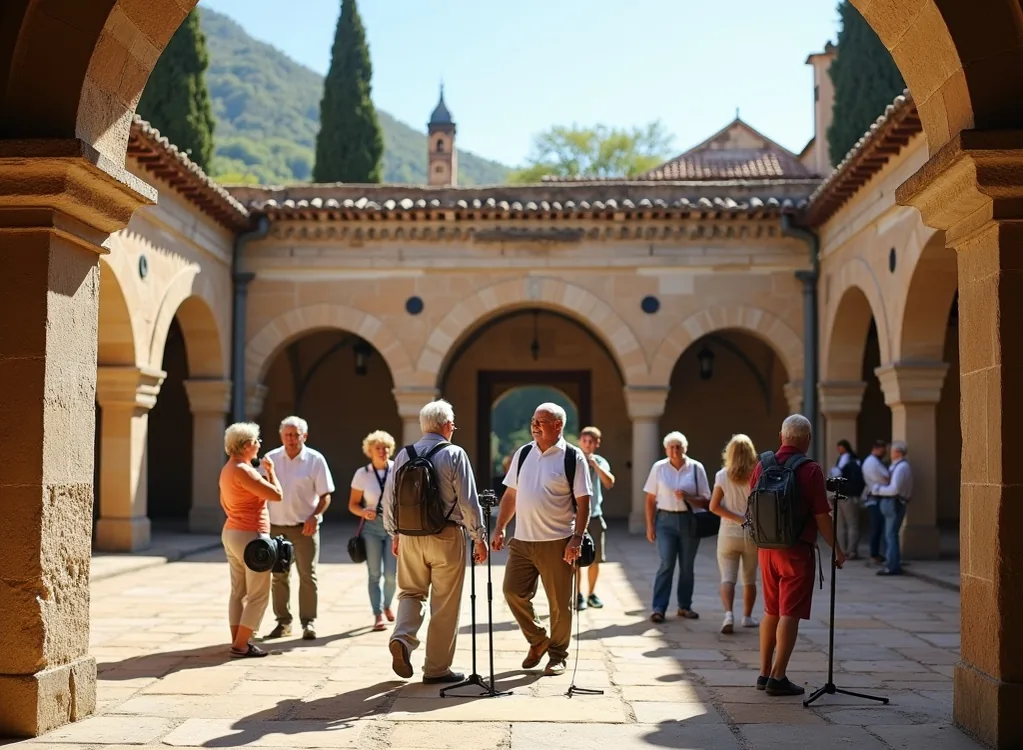 Group of seniors exploring historical monastery courtyard