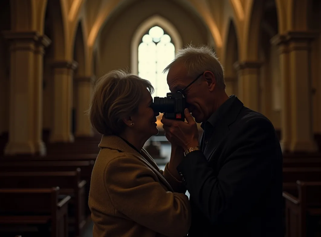 Older couple sharing camera viewfinder inside historical chapel
