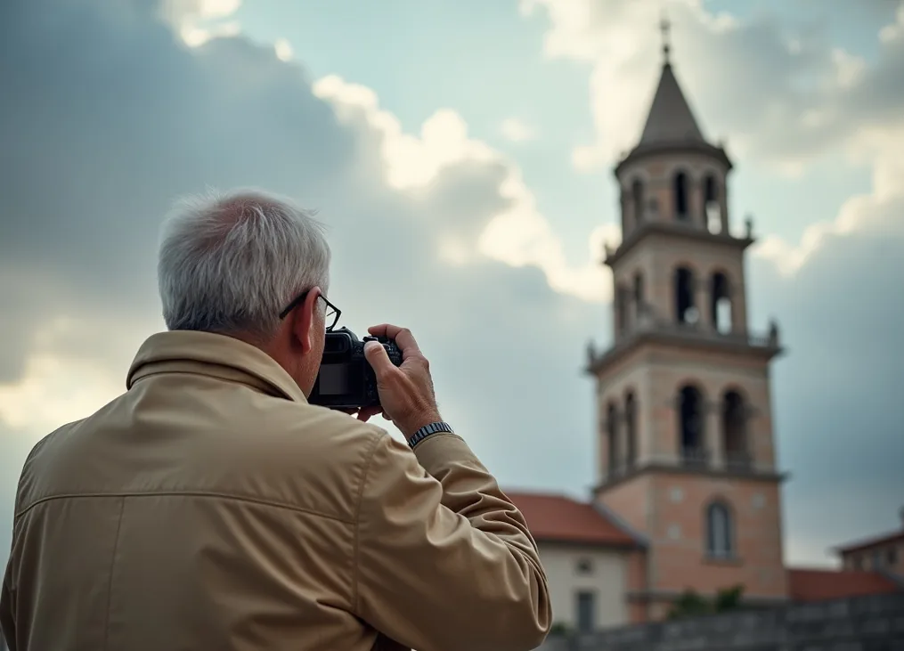 Senior man photographing bell tower from low angle